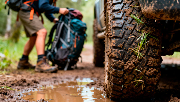 Close-up of muddy off-road tire with hiker holding backpack on forest trail