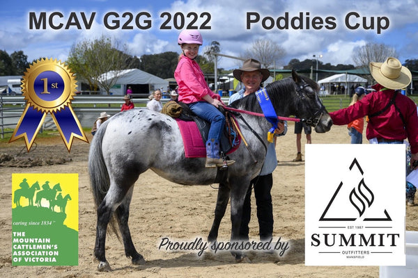 Young rider on horse wins Poddies Cup at MCAV G2G 2022 wearing pink gear