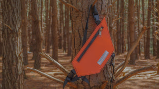 Orange radio holster hanging on a tree branch in a forest setting