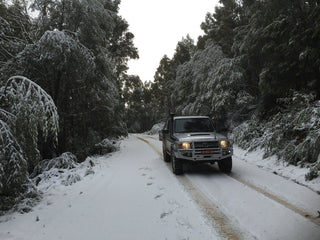 4WD vehicle drives snowy forest road with headlights on through tall snow-covered trees