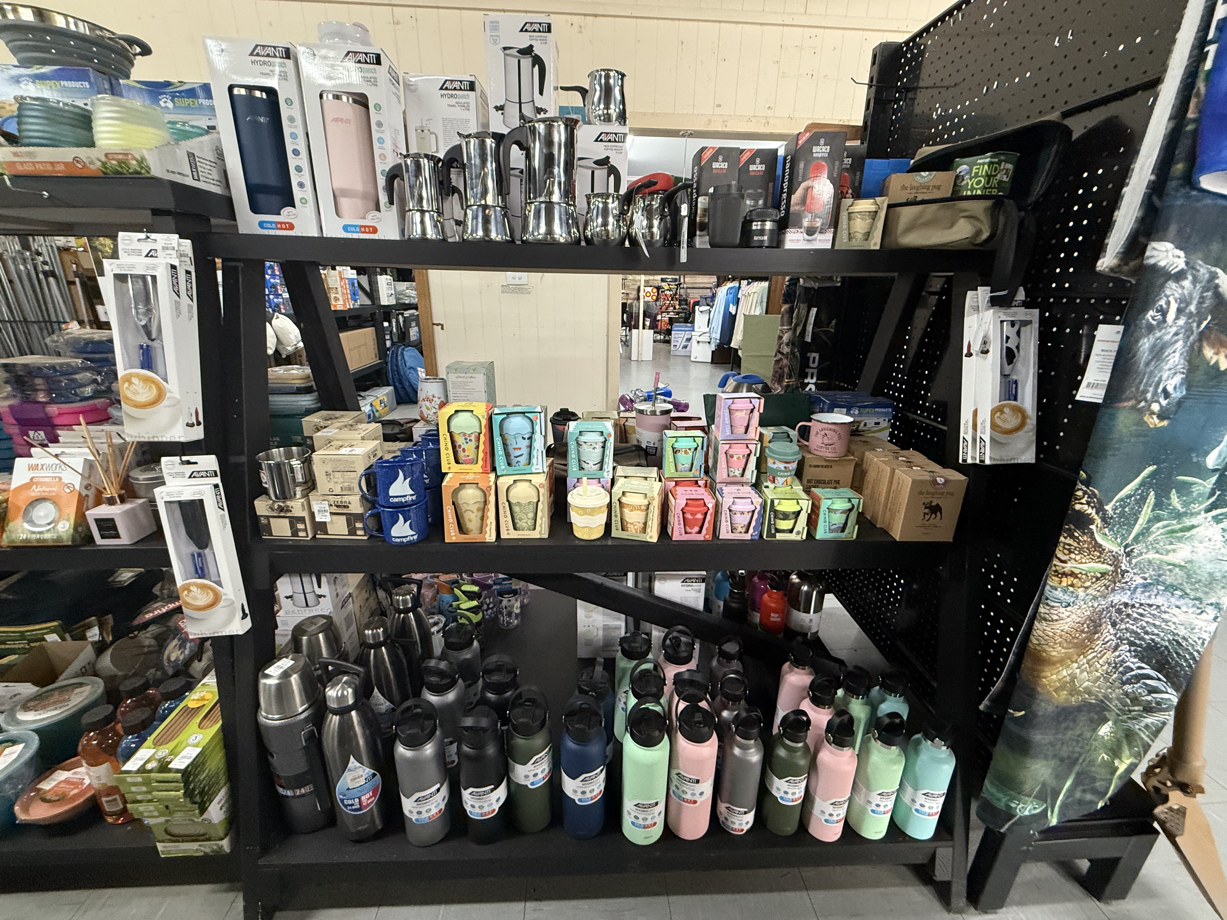 Summit Outfitters store shelves with Travel Mugs, Drink Bottles & Coffee Makers